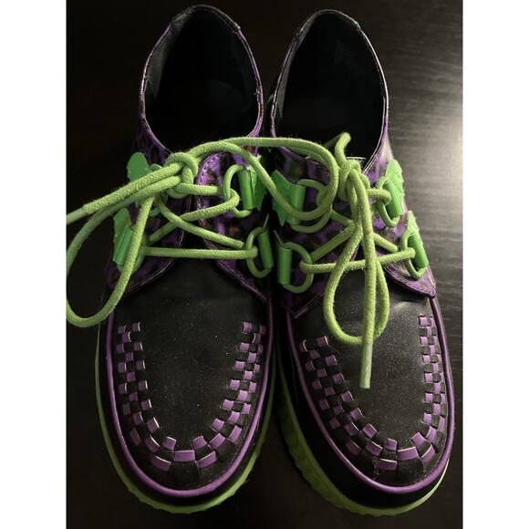 Strange Cvlt Creepers Purple Leopard & Green Platform Shoes Women’s Size 8 Goth - Picture 4 of 6